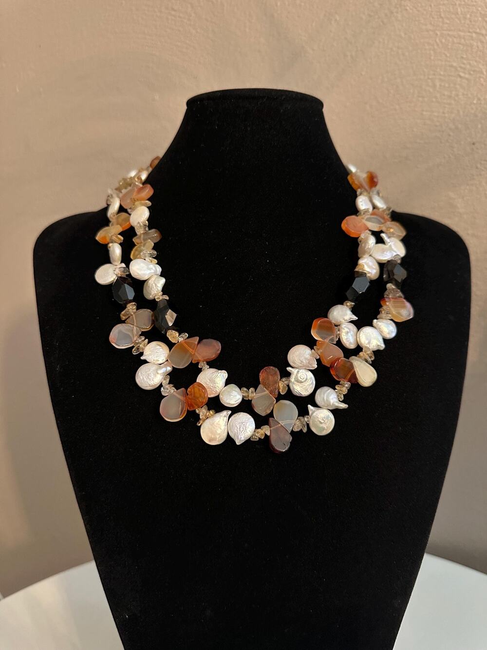 Keshi Pearl Carnelian double layer Necklace with Sterling Silver Clasp